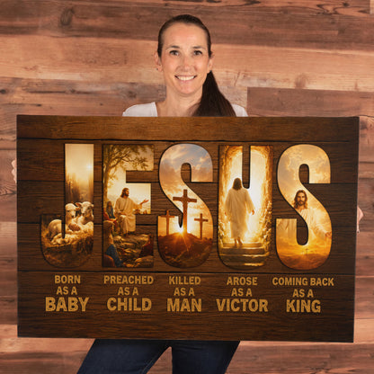 Jesus Born as a Baby Coming Back as a King Christian Canvas Wall Art | Rustic Religious Decor | Jesus Christ Life Story Canvas Print