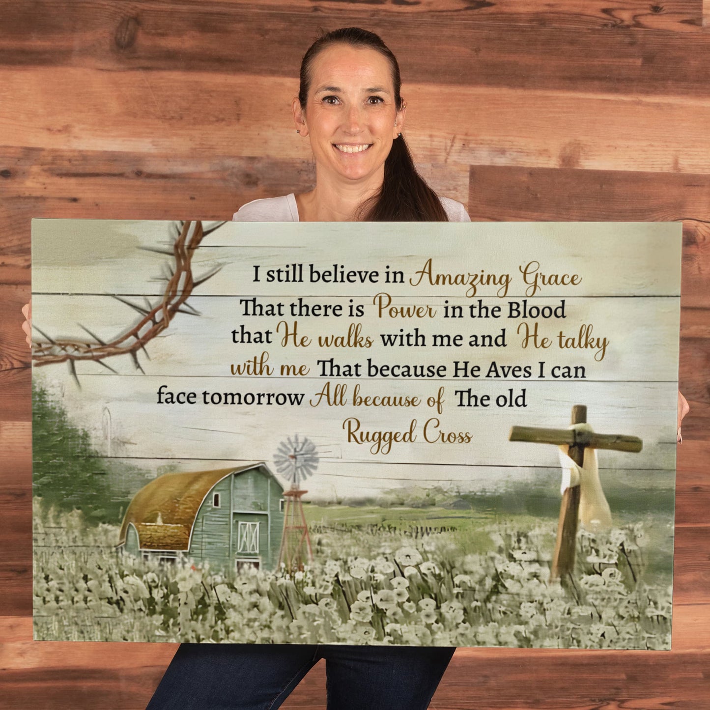 I Still Believe in Amazing Grace Christian Canvas Wall Art | Because He Lives I Can Face Tomorrow | Rustic Farmhouse Religious Decor