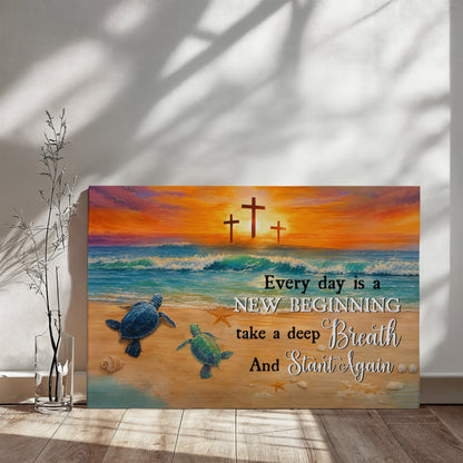 Every Day Is a New Beginning Christian Canvas Wall Art | Take a Deep Breath and Start Again | Beach Sunset Crosses Sea Turtle Coastal Decor