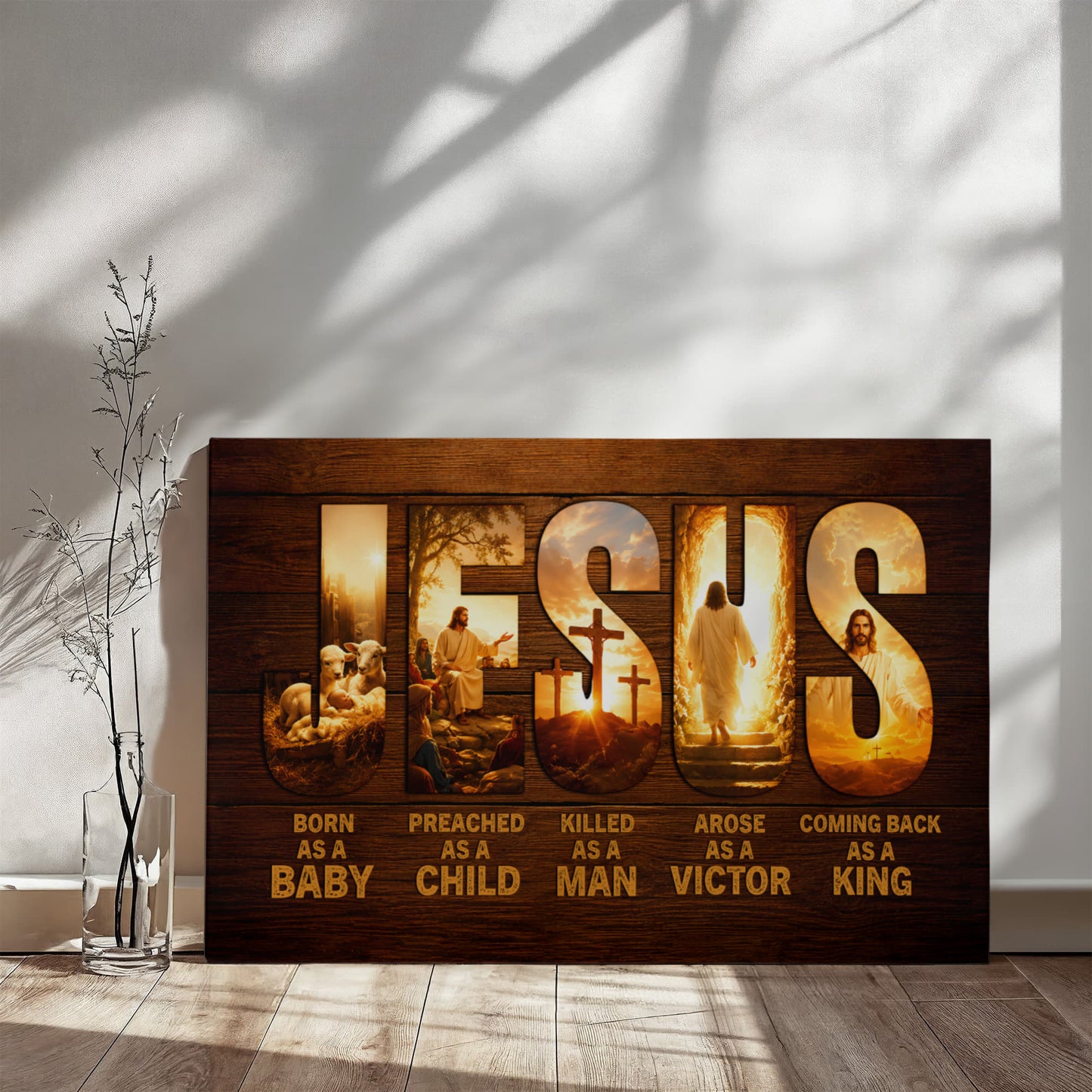 Jesus Born as a Baby Coming Back as a King Christian Canvas Wall Art | Rustic Religious Decor | Jesus Christ Life Story Canvas Print