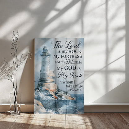 The Lord Is My Rock Lighthouse Canvas Wall Art – Psalm 18:2 Christian Bible Verse Decor