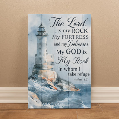The Lord Is My Rock Lighthouse Canvas Wall Art – Psalm 18:2 Christian Bible Verse Decor