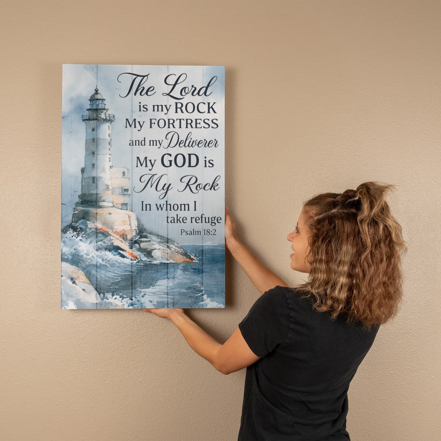 The Lord Is My Rock Lighthouse Canvas Wall Art – Psalm 18:2 Christian Bible Verse Decor