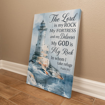 The Lord Is My Rock Lighthouse Canvas Wall Art – Psalm 18:2 Christian Bible Verse Decor