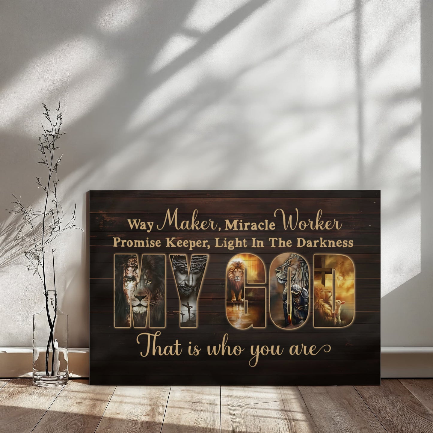 Way Maker Miracle Worker MY GOD Christian Canvas Wall Art | Inspirational Jesus Lion Cross Scripture Wall Decor | Faith Home Decor Gift