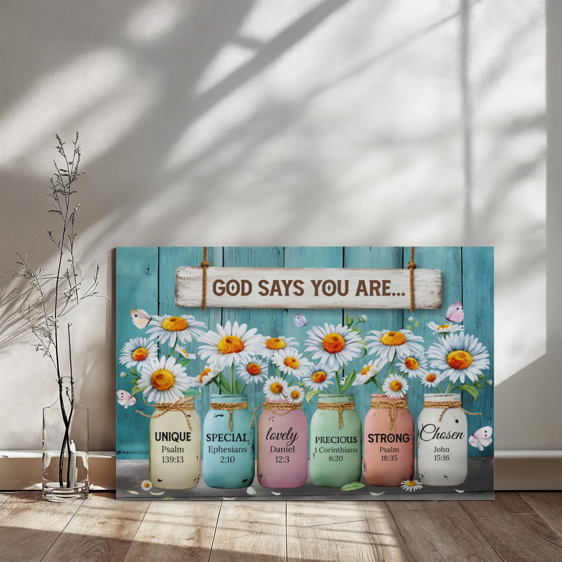 Rustic teal farmhouse daisy mason jar Christian decor
