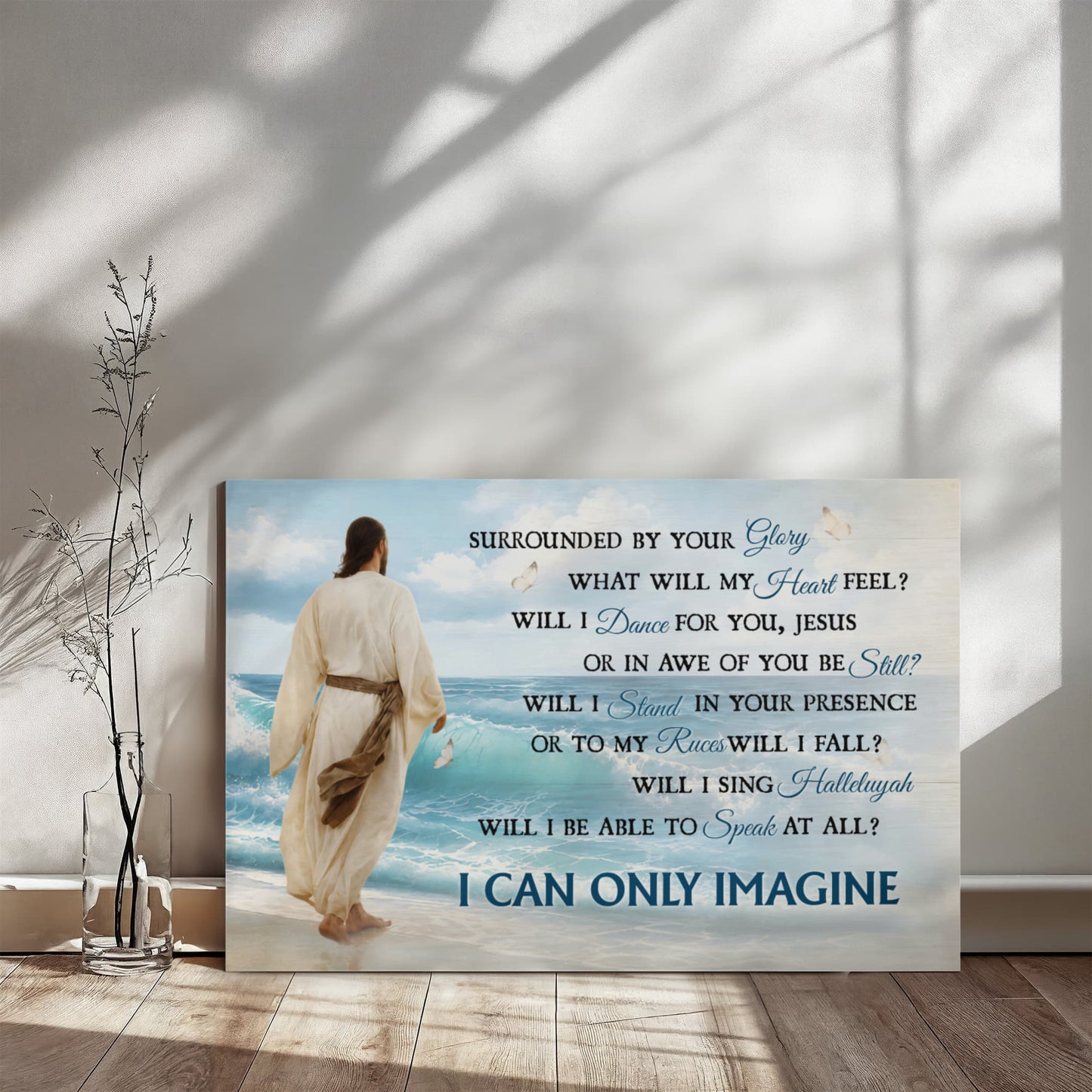 I Can Only Imagine Christian Canvas Wall Art | Jesus Walking by the Ocean | Surrounded By Your Glory Religious Wall Decor