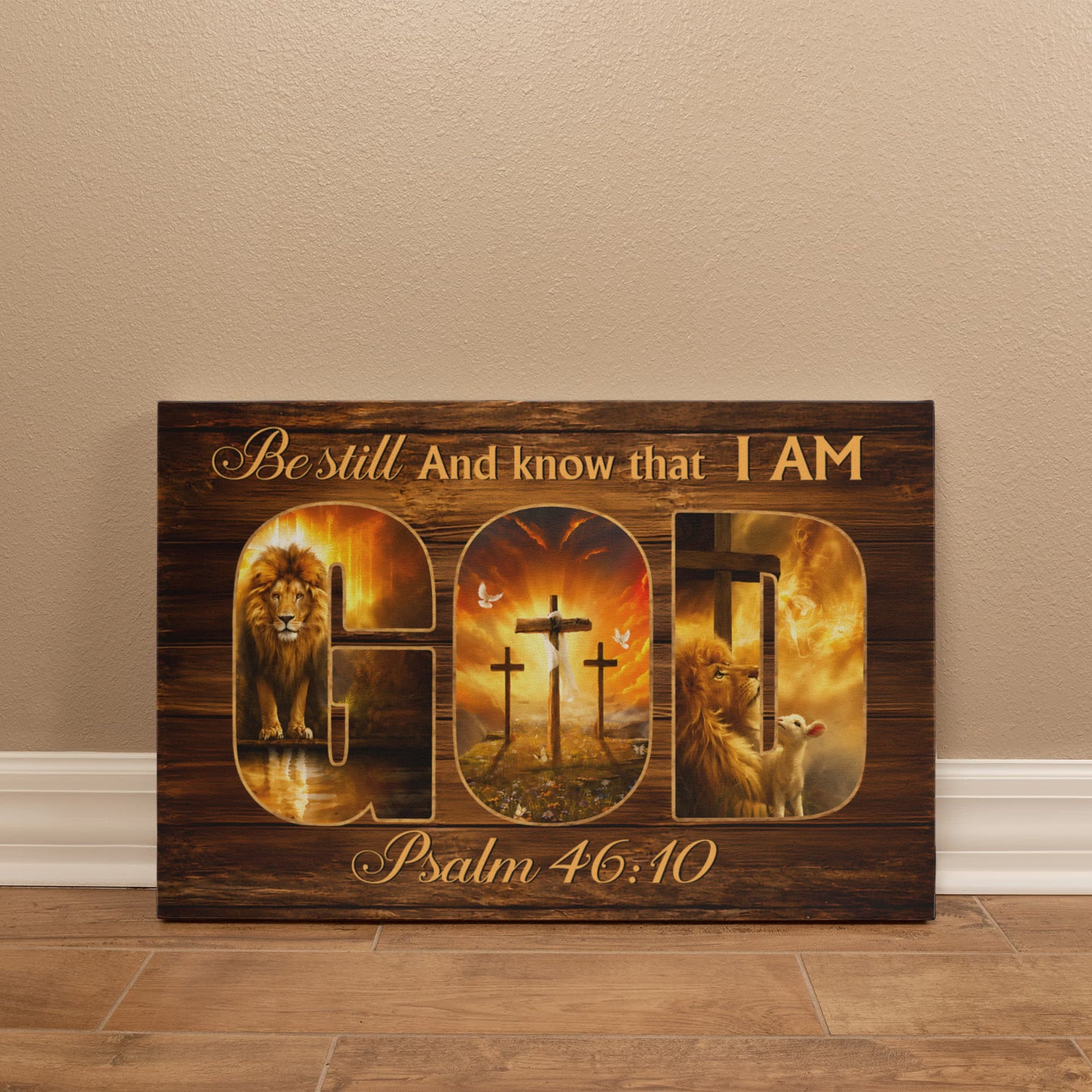 Be Still and Know That I Am God Canvas Wall Art – Psalm 46:10 Christian Lion Cross Decor