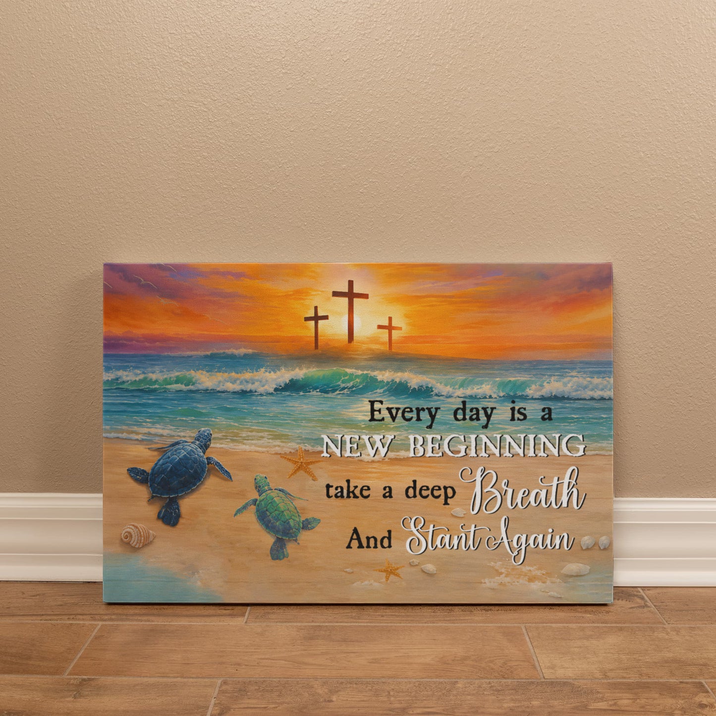 Every Day Is a New Beginning Christian Canvas Wall Art | Take a Deep Breath and Start Again | Beach Sunset Crosses Sea Turtle Coastal Decor
