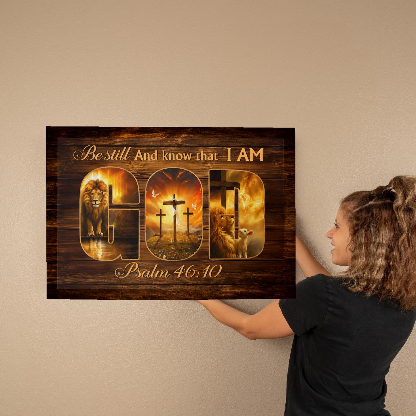 Be Still and Know That I Am God Canvas Wall Art – Psalm 46:10 Christian Lion Cross Decor