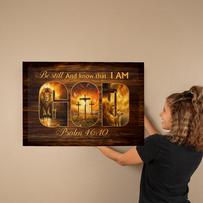 Be Still and Know That I Am God Canvas Wall Art – Psalm 46:10 Christian Lion Cross Decor