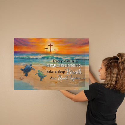 Every Day Is a New Beginning Christian Canvas Wall Art | Take a Deep Breath and Start Again | Beach Sunset Crosses Sea Turtle Coastal Decor