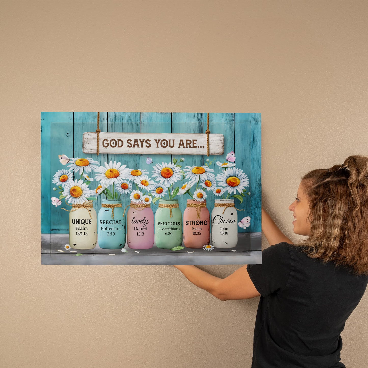 God Says You Are Unique Special Precious Strong Chosen Christian Canvas Wall Art | Daisy Mason Jar Farmhouse Decor | Inspirational Bible Verse Wall Decor