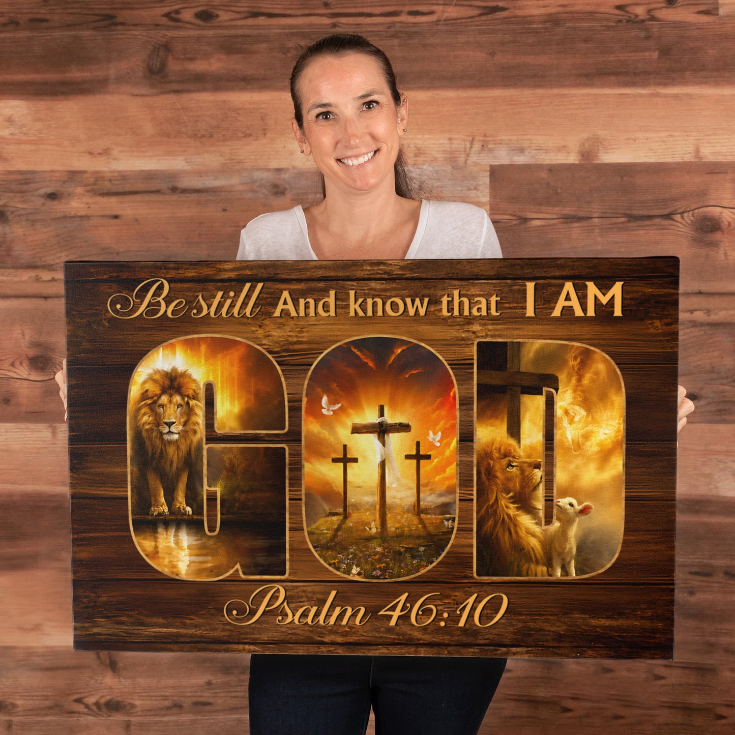 Be Still and Know That I Am God Canvas Wall Art – Psalm 46:10 Christian Lion Cross Decor