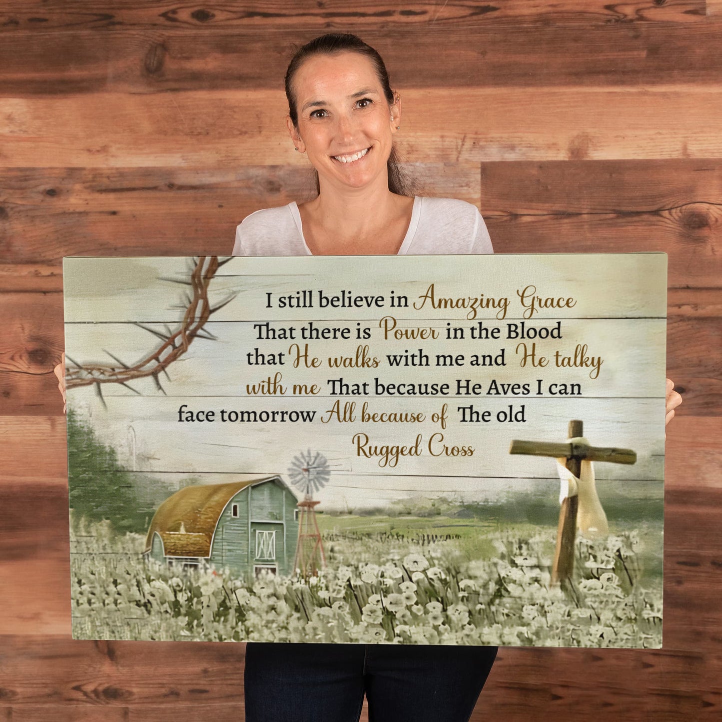 I Still Believe in Amazing Grace Christian Canvas Wall Art | Because He Lives I Can Face Tomorrow | Rustic Farmhouse Religious Decor