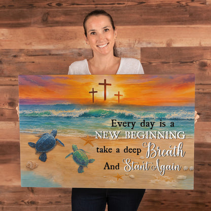 Every Day Is a New Beginning Christian Canvas Wall Art | Take a Deep Breath and Start Again | Beach Sunset Crosses Sea Turtle Coastal Decor