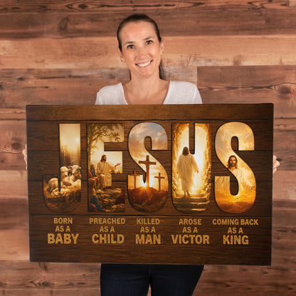Jesus Born as a Baby Coming Back as a King Christian Canvas Wall Art | Rustic Religious Decor | Jesus Christ Life Story Canvas Print