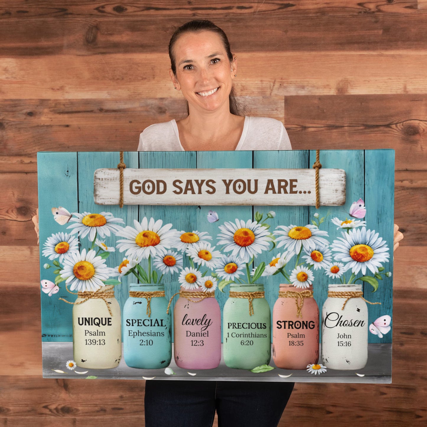 God Says You Are Unique Special Precious Strong Chosen Christian Canvas Wall Art | Daisy Mason Jar Farmhouse Decor | Inspirational Bible Verse Wall Decor