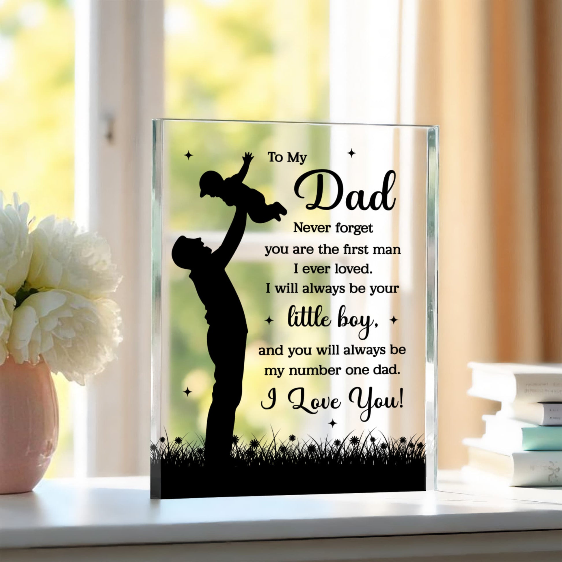 To My Dad glass plaque with father and son silhouette