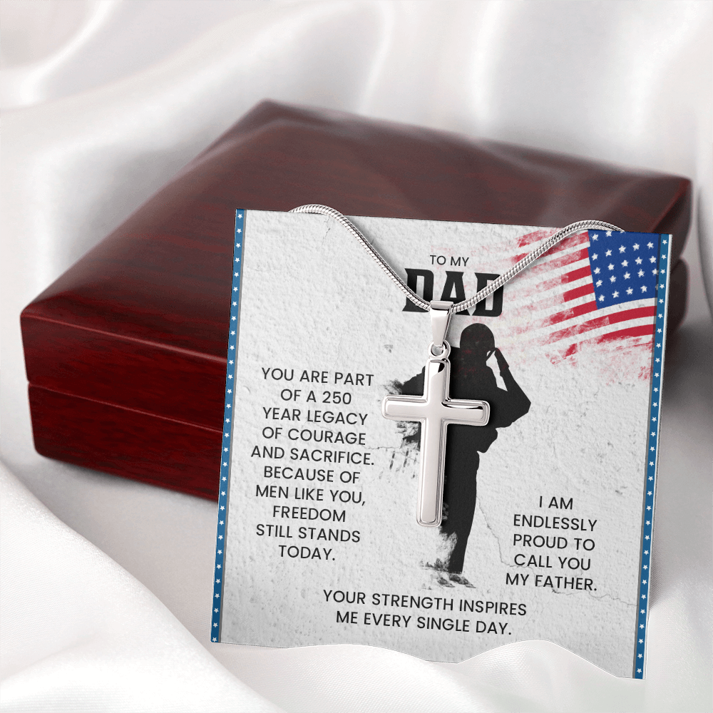 To My Dad Cross Necklace – Patriotic Father Gift | Proud Legacy Courage & Sacrifice Jewelry