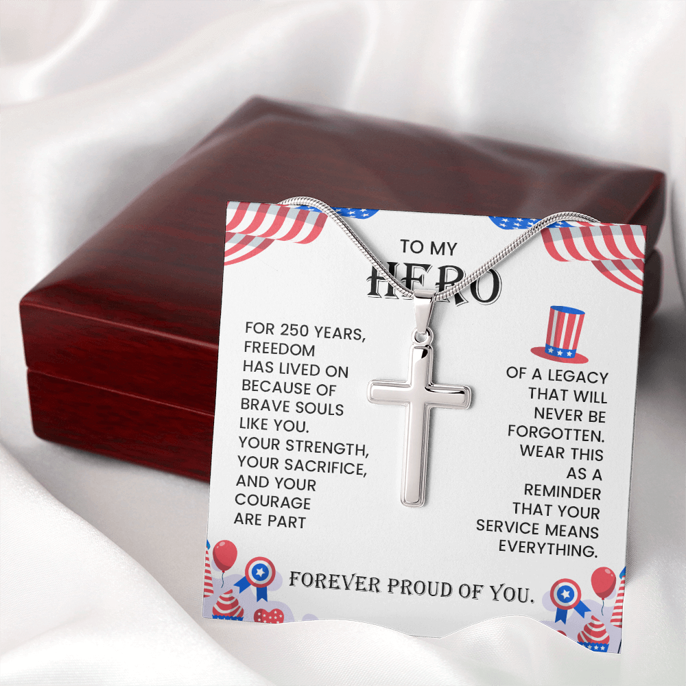 To My Hero Cross Necklace – Patriotic Tribute Gift | Courage Strength Sacrifice Jewelry