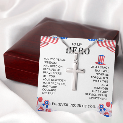 To My Hero Cross Necklace – Patriotic Tribute Gift | Courage Strength Sacrifice Jewelry