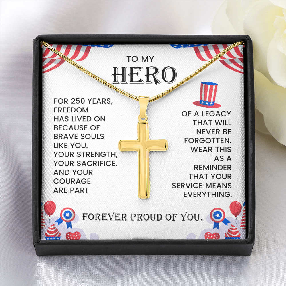 To My Hero Cross Necklace – Patriotic Tribute Gift | Courage Strength Sacrifice Jewelry