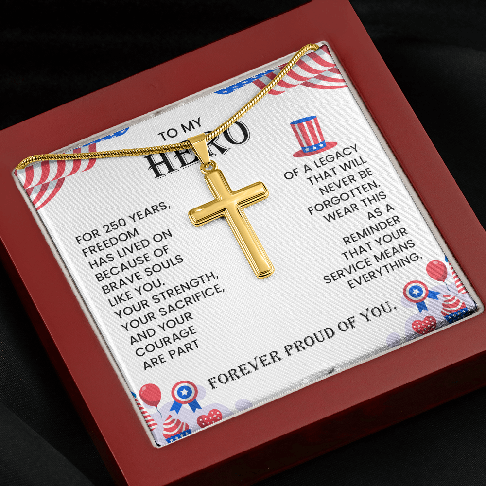 To My Hero Cross Necklace – Patriotic Tribute Gift | Courage Strength Sacrifice Jewelry
