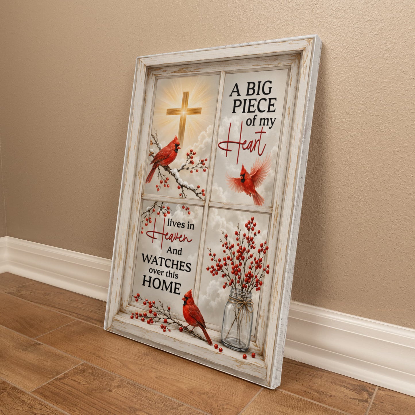 Faux window frame red cardinal memorial decor