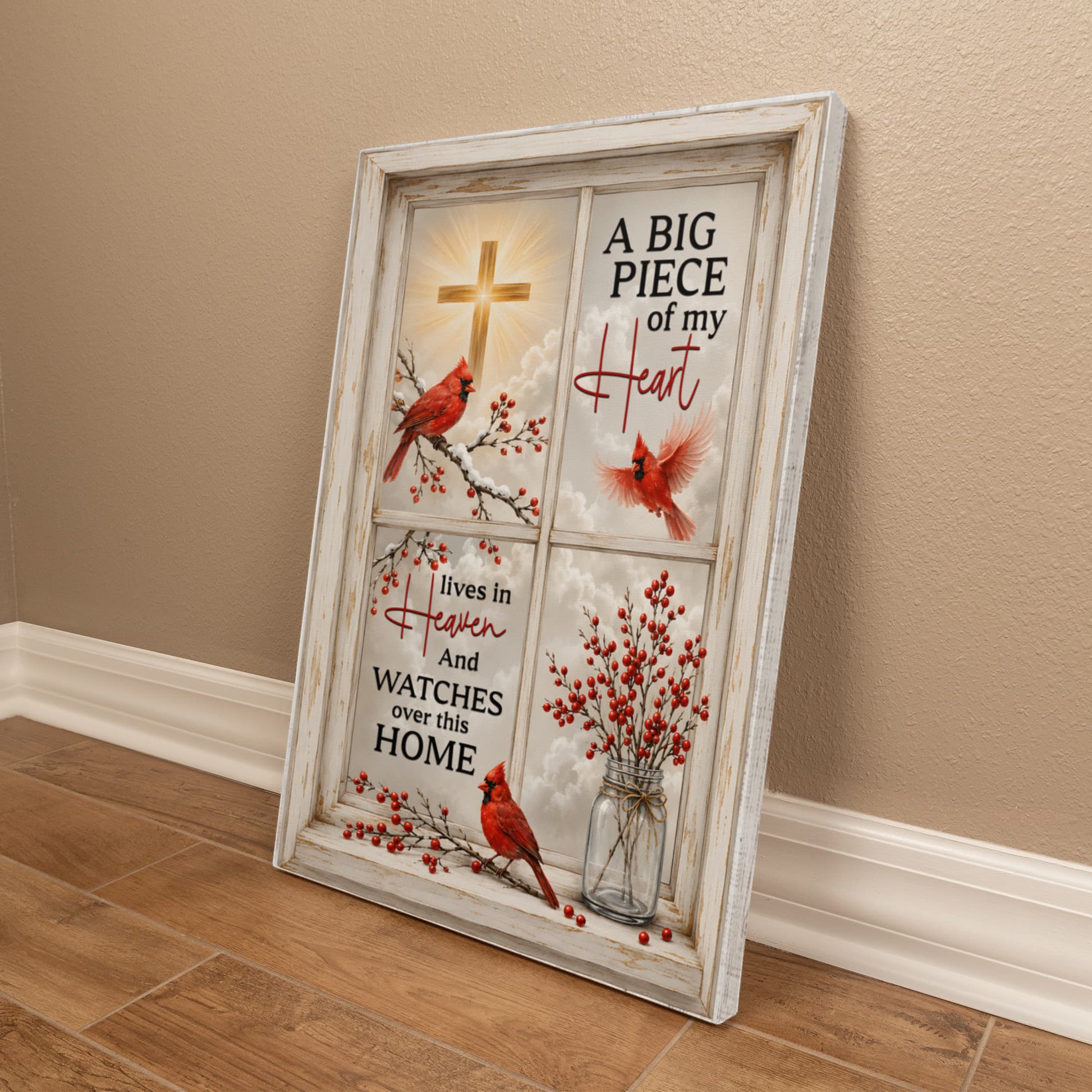 Faux window frame red cardinal memorial decor