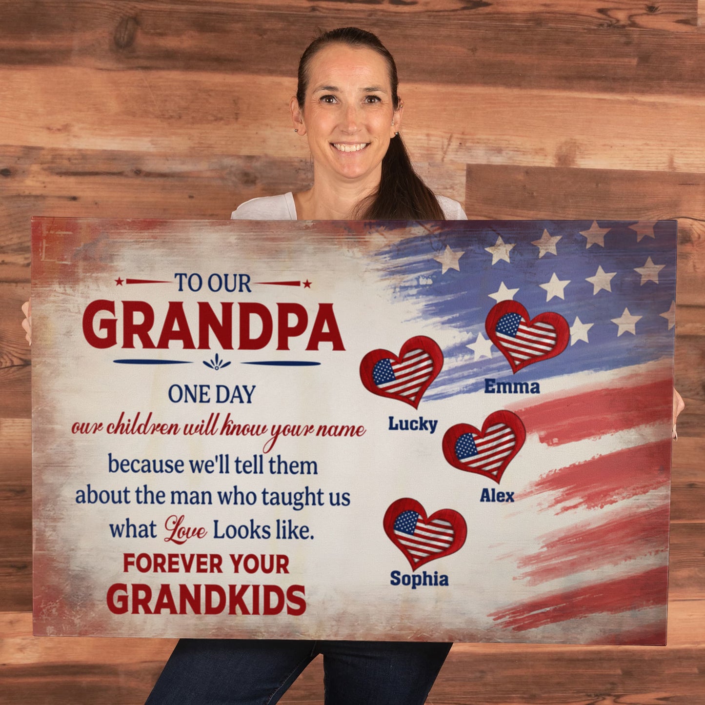 Personalized To Our Grandpa Canvas – Custom Grandkids Names Patriotic Family Wall Art