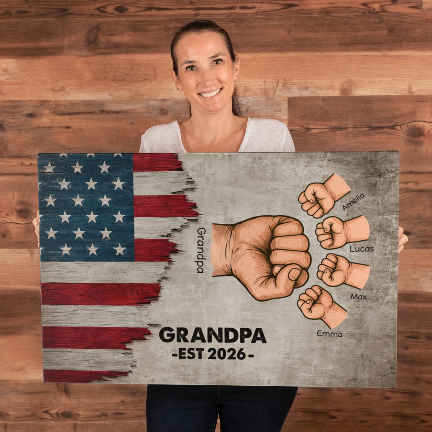 Personalized Grandpa Fist Bump Canvas – Custom Grandkids Names Patriotic Family Wall Art for Grandpa
