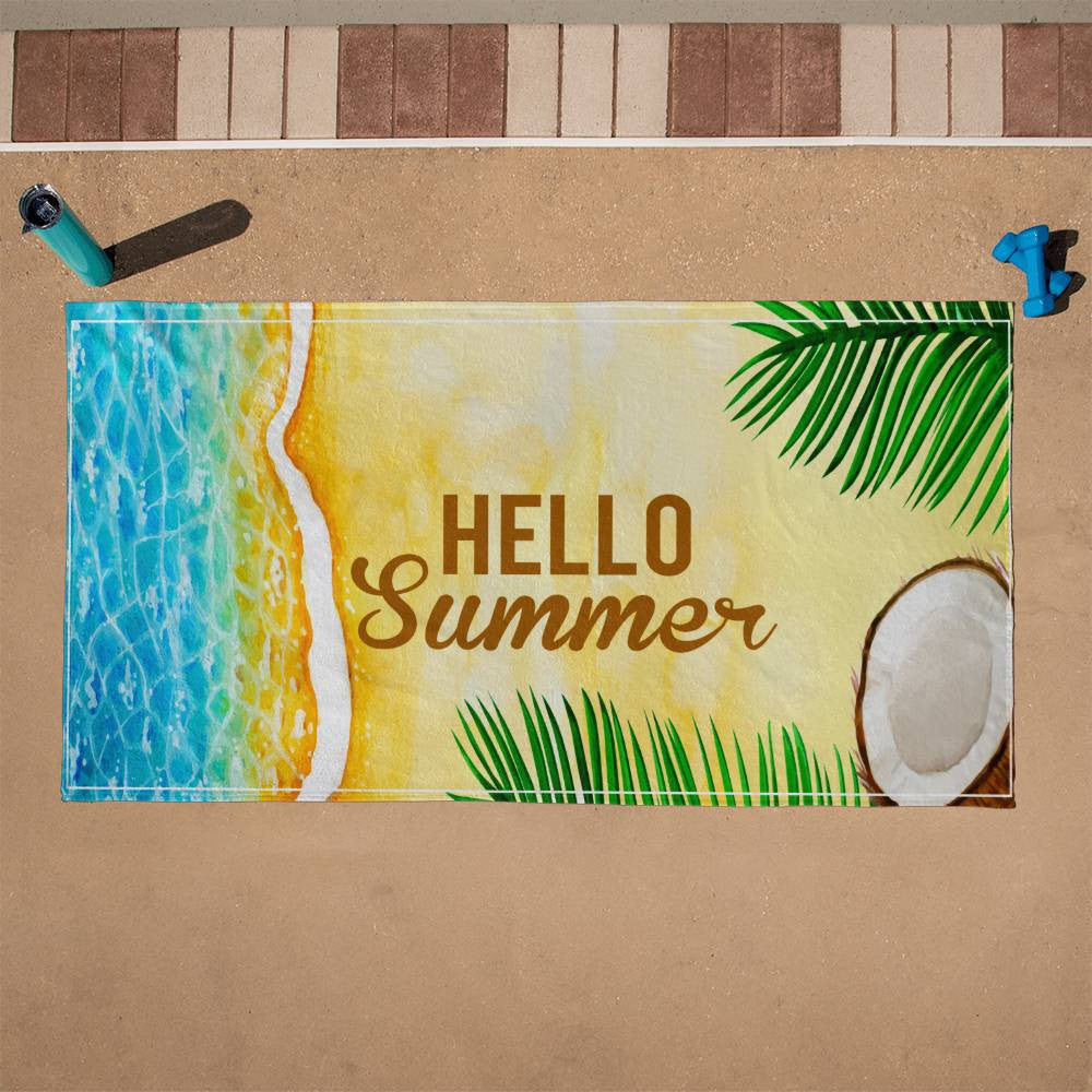Beach Towel-Hello Summer Beach Palms and Coconut - YERTIZZ.COM