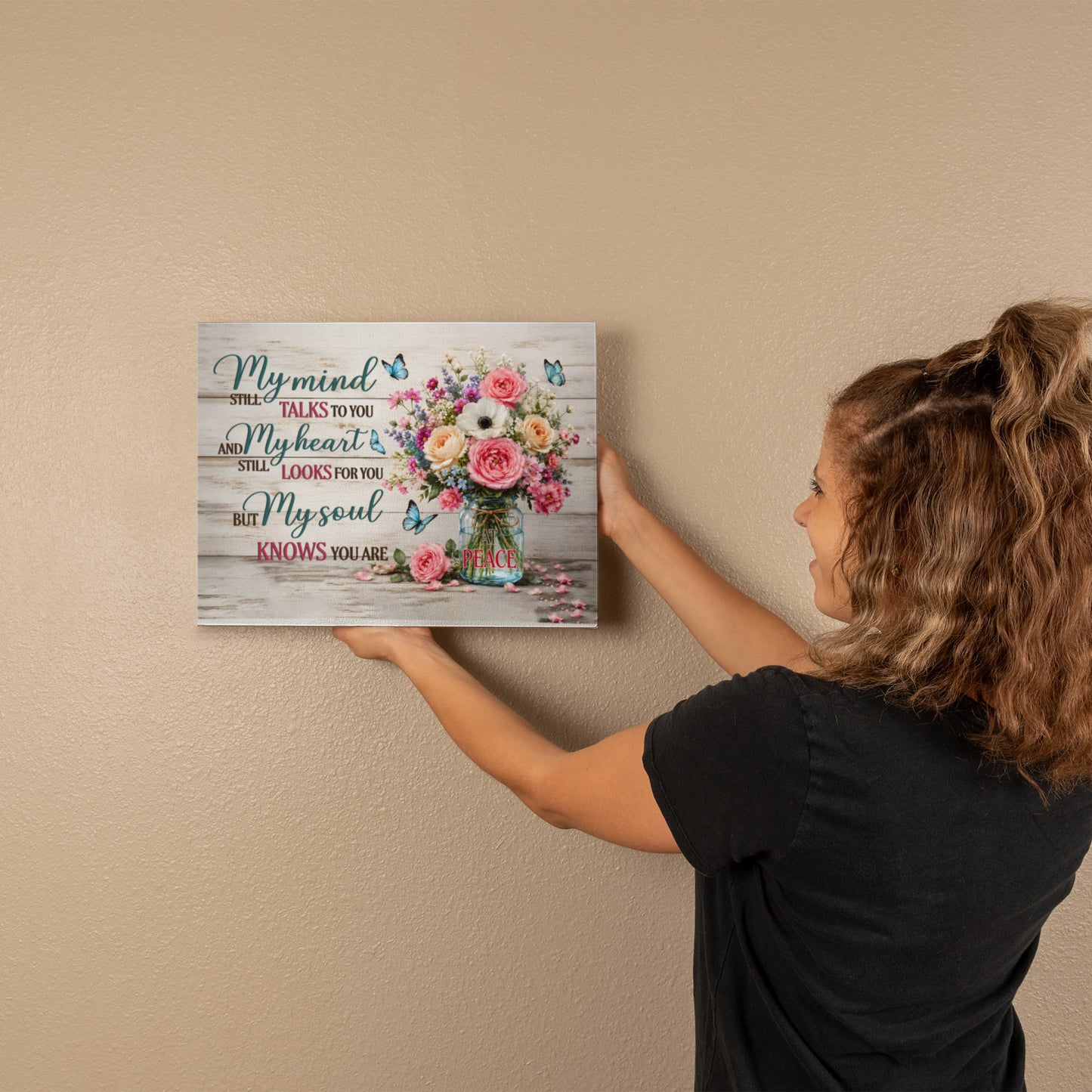My Mind Still Talks to You Canvas Wall Art – Sympathy Memorial Gift with Flowers and Butterfly