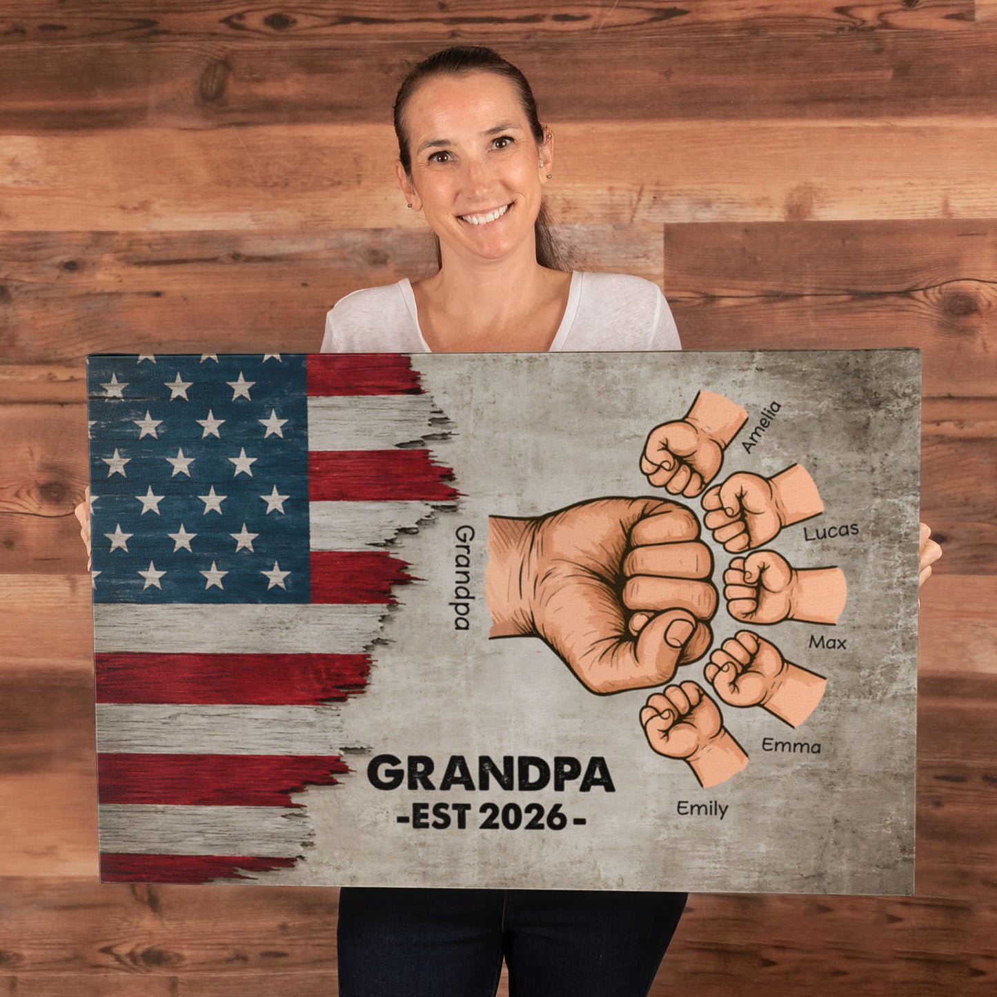 Personalized Grandpa Fist Bump Canvas – Custom Grandkids Names Patriotic Family Wall Art for Grandpa
