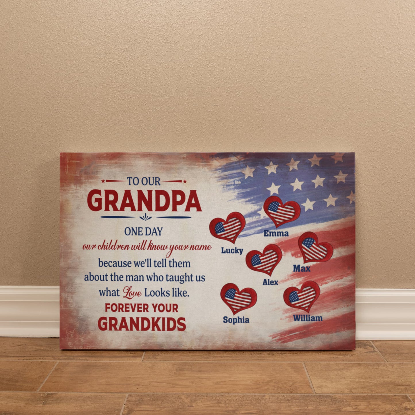 Personalized To Our Grandpa Canvas – Custom Grandkids Names Patriotic Family Wall Art