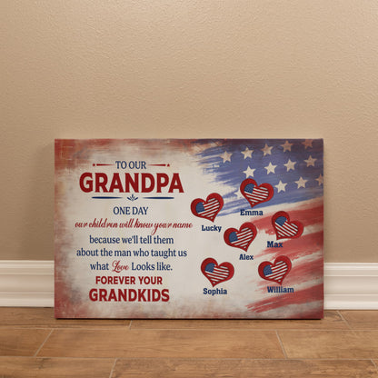Personalized To Our Grandpa Canvas – Custom Grandkids Names Patriotic Family Wall Art
