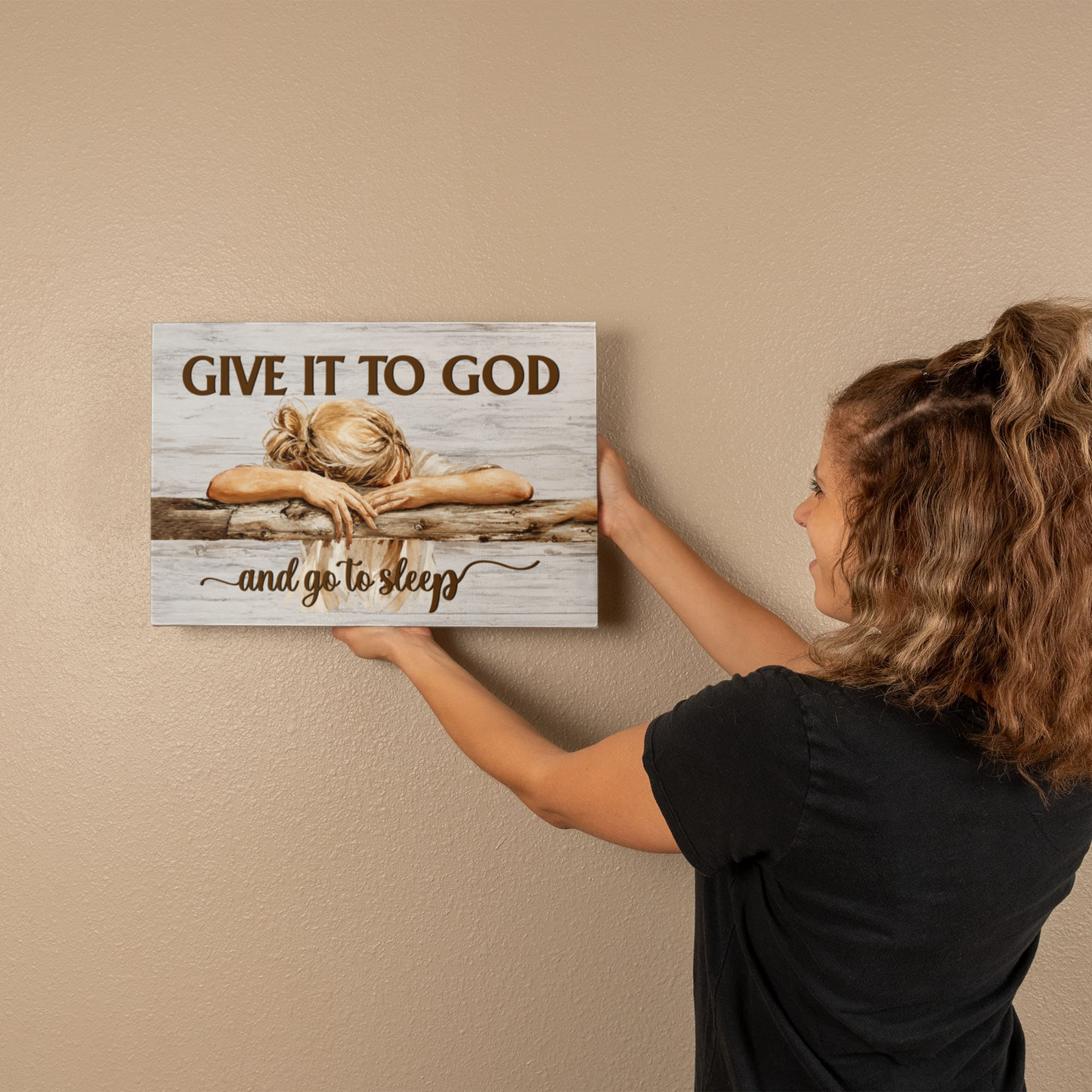 Give It to God and Go to Sleep Canvas Wall Art – Christian Faith Inspirational Farmhouse Decor