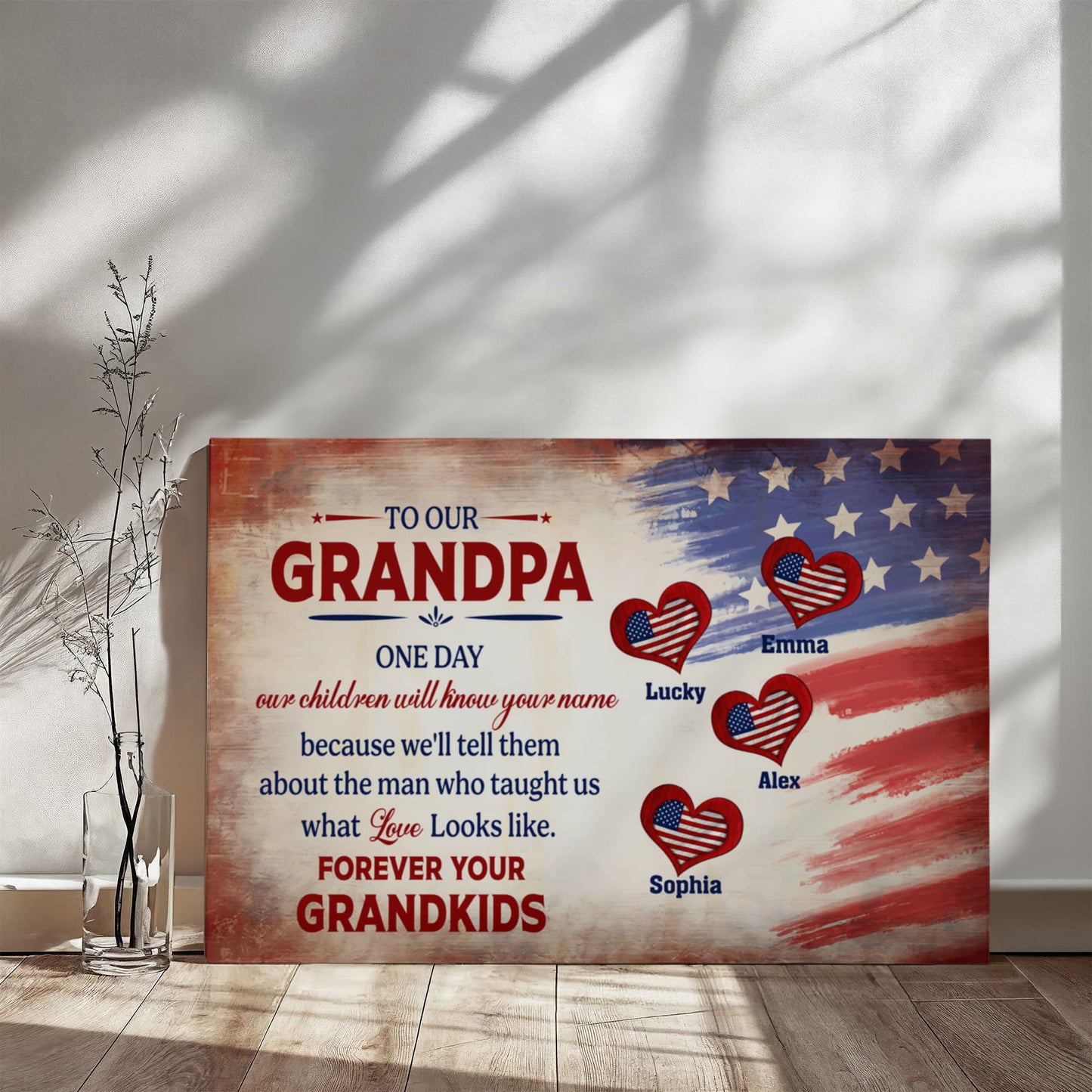 Personalized To Our Grandpa Canvas – Custom Grandkids Names Patriotic Family Wall Art