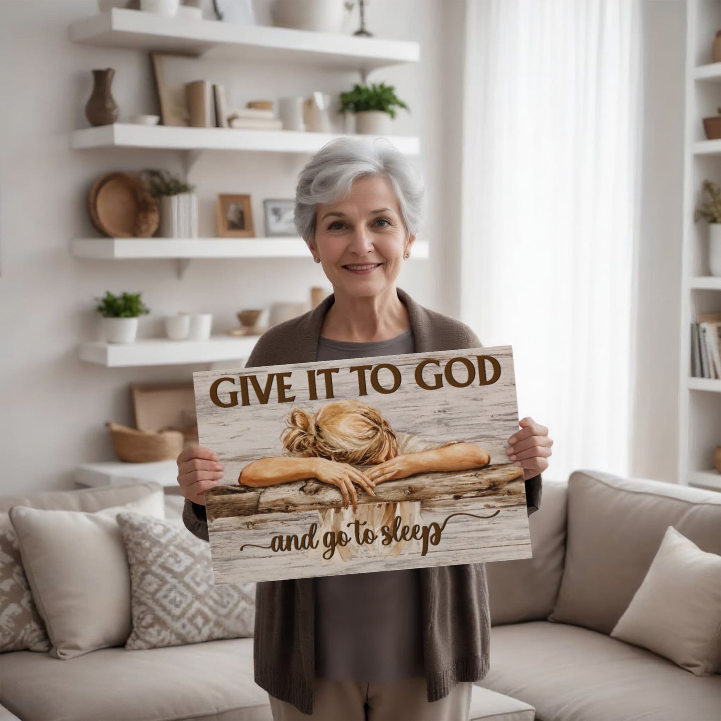 Give It to God and Go to Sleep Canvas Wall Art – Christian Faith Inspirational Farmhouse Decor
