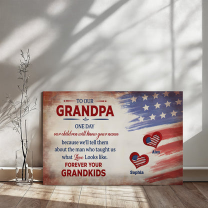Personalized To Our Grandpa Canvas – Custom Grandkids Names Patriotic Family Wall Art