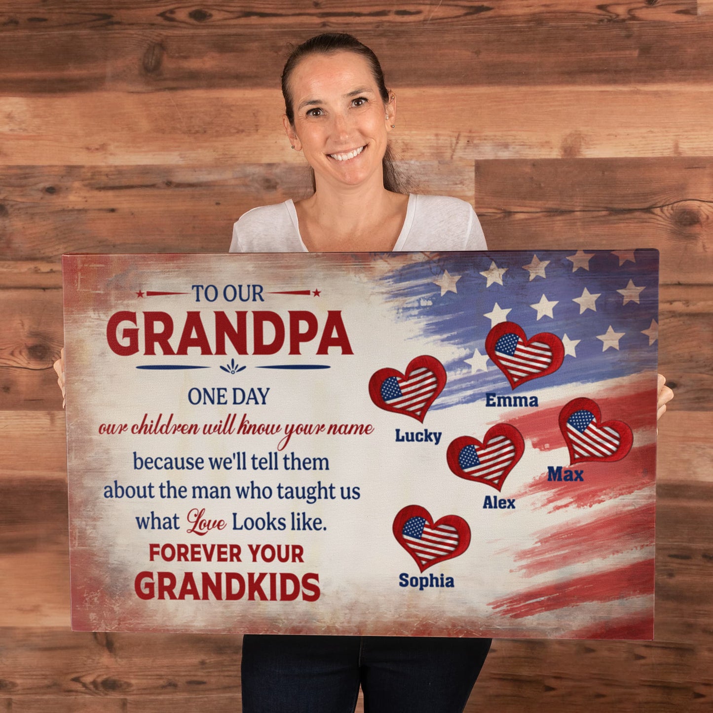 Personalized To Our Grandpa Canvas – Custom Grandkids Names Patriotic Family Wall Art