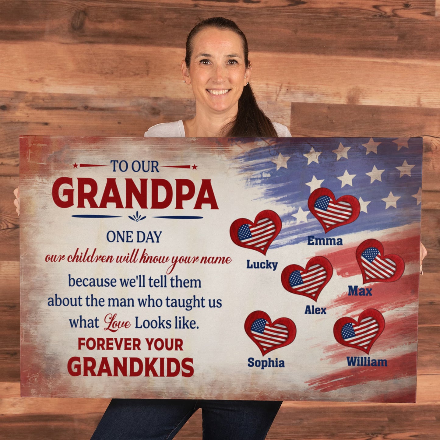 Personalized To Our Grandpa Canvas – Custom Grandkids Names Patriotic Family Wall Art