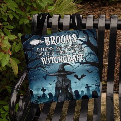 Brooms, Potions & Sarcasm: The Holy Trinity of My Witchcraft” Gothic Halloween Tote Bag !