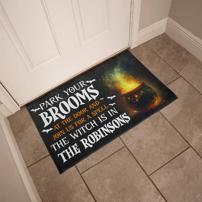Personalized Halloween Doormat, Custom Witch Welcome Mat with Family Name, Park Your Brooms Funny Front Porch Decor