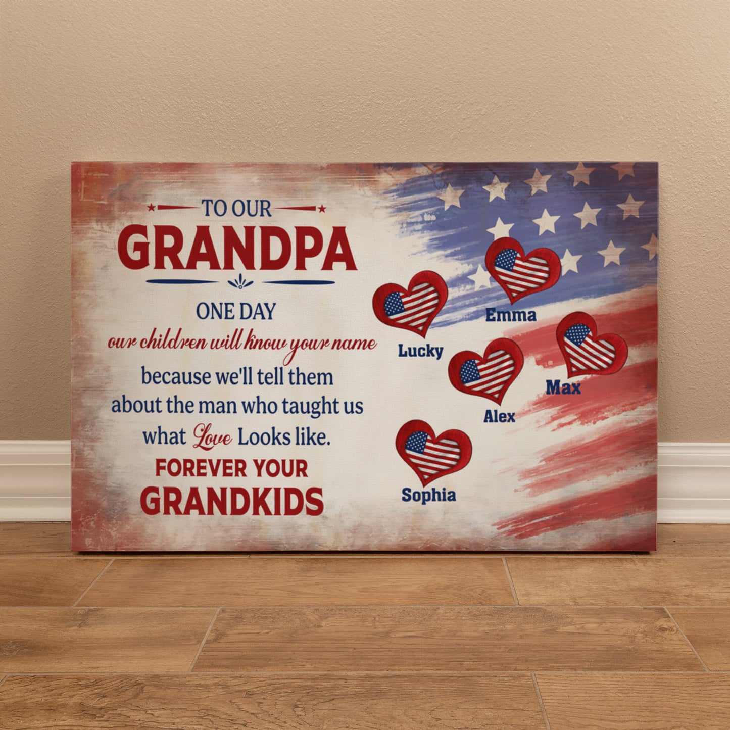 Personalized To Our Grandpa Canvas – Custom Grandkids Names Patriotic Family Wall Art