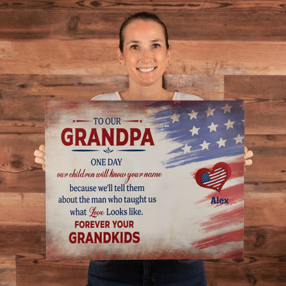 Personalized To Our Grandpa Canvas – Custom Grandkids Names Patriotic Family Wall Art