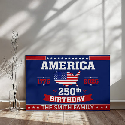 Personalized America 250th Birthday Gallery Wrapped Canvas – Custom Family Name Patriotic Wall Art
