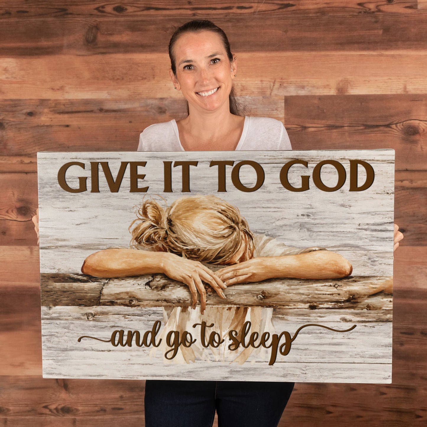 Give It to God and Go to Sleep Canvas Wall Art – Christian Faith Inspirational Farmhouse Decor