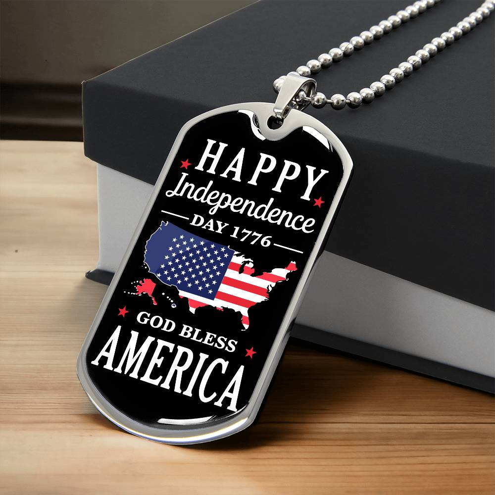 Happy Independence Day 1776 God Bless America Dog Tag Necklace with Engraving